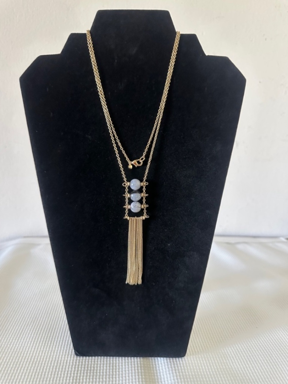 Gold Chain Necklace with Blue Stone Beads and Tassel